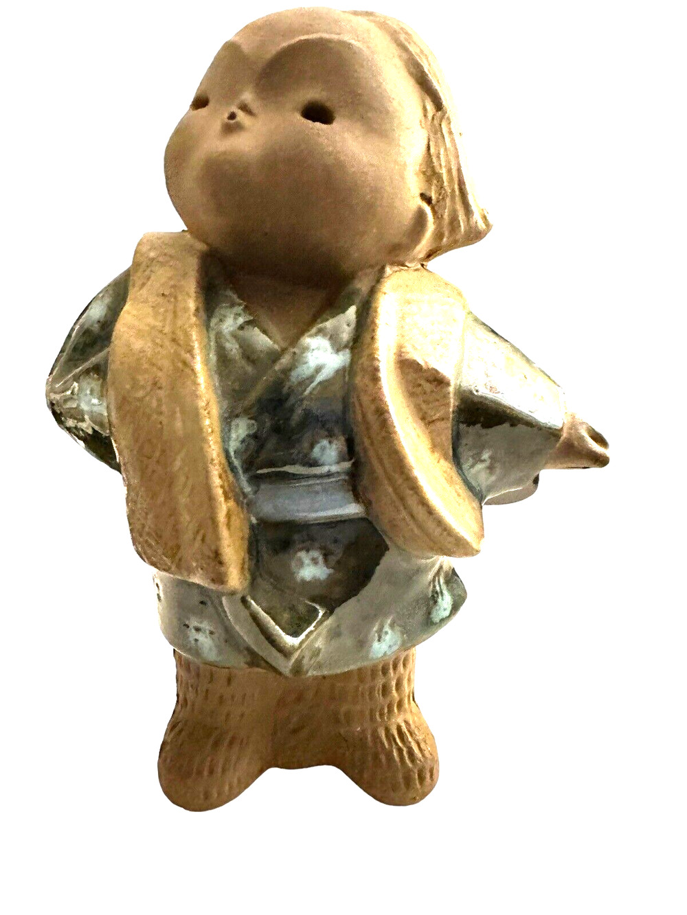 Japanese Kimono Child Whistling Statue Tokonoma Pottery Okimono Signed Vintage